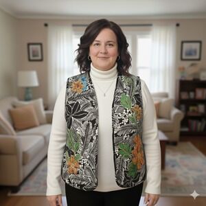 Vintage Y2K Chico's Cotton‎ Floral Embroiderded Quilted Vest Womens Size Large